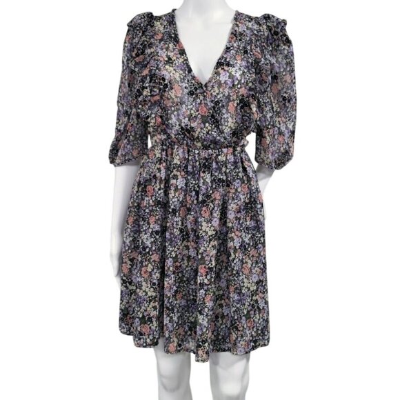 Noella Whimsy Fluttery Twee Ruffle Velvet Burnout Faux Wrap Sheer Dress S - Picture 2 of 13